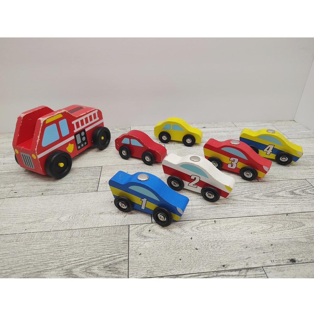 Wooden‎ Cars and Fire Truck Vehicle Set 7 Piece Bundle